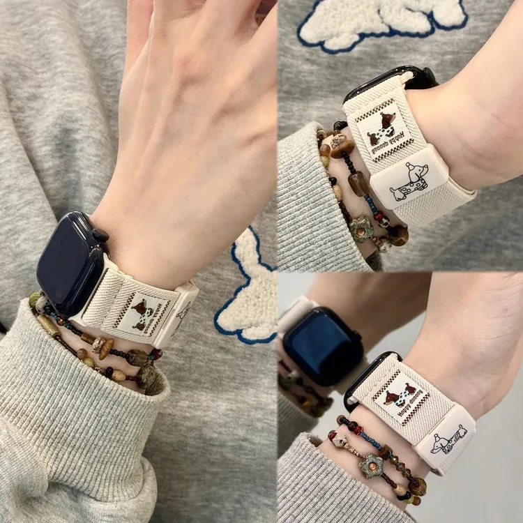 可爱腊肠狗尼龙弹力编织磁吸表带适用苹果s10手表applewacths98se