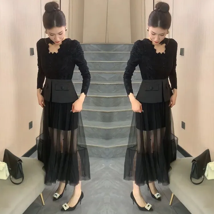 208高级感连衣裙2025夏新款时尚收腰显瘦拼接蕾丝假两件网纱裙子