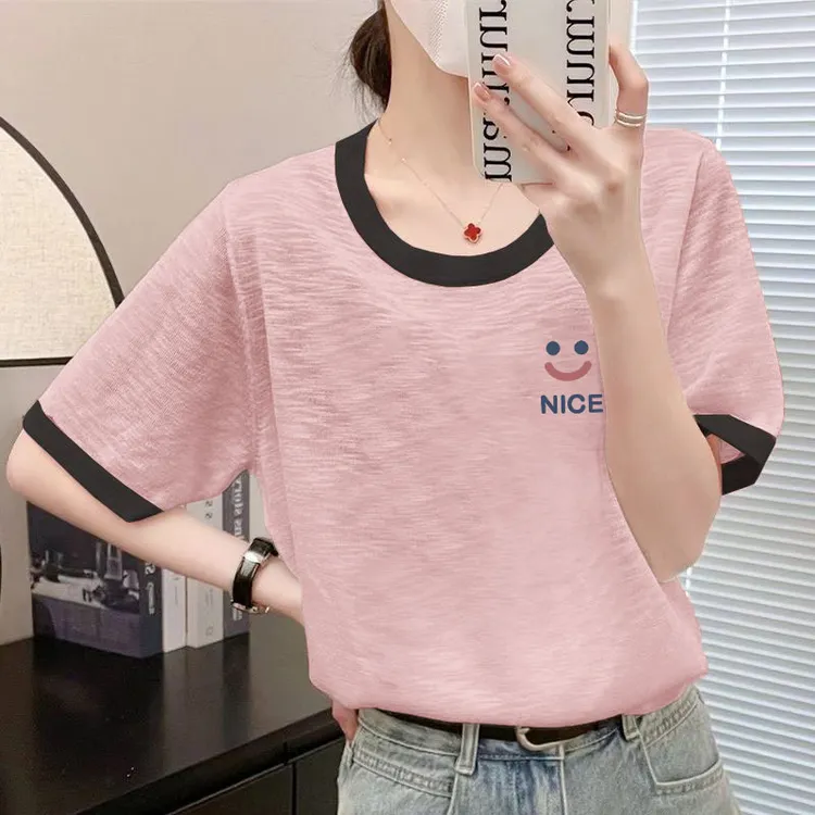 雪花棉短袖夏季薄款2025新款印花拼接t恤衫女大码设计感圆领上衣