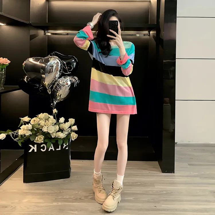 春秋长袖条纹彩虹t恤女慵懒风韩版宽松大码中长款上衣外穿打底衫