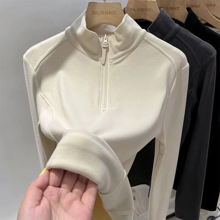 女童秋冬双面磨毛软糯德绒立领长袖T恤中大童拉链内搭打底衫上衣