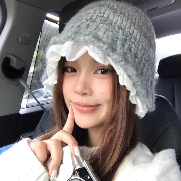 韩系蕾丝花边针织渔夫帽女秋冬甜美保暖日系显脸小毛线帽子高级感
