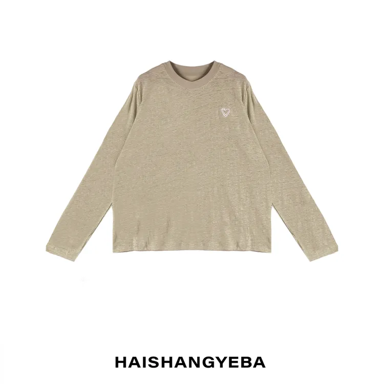 【海上叶爸】新款2025夏季百搭亚麻圆领爱心慵懒休闲薄款T恤