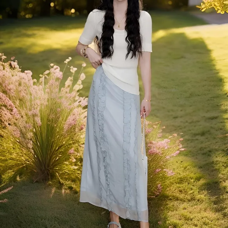 夏季新款时尚洋气短袖针织衫+半身裙两件套设计感减龄套装女