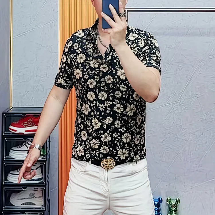 阿伟家夏季男士POLO衫高级轻奢百搭印花修身半袖T恤翻领短袖上衣