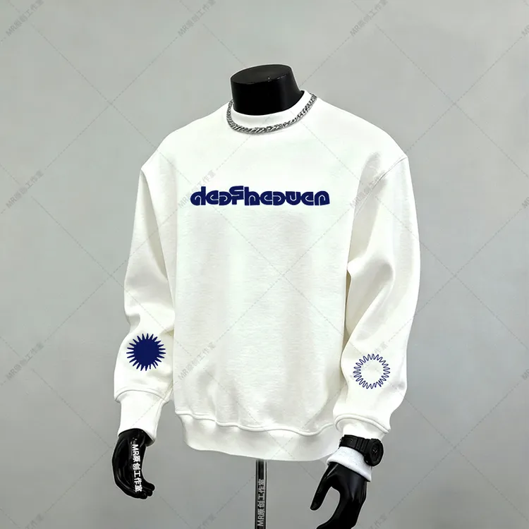 加绒卫衣美式潮牌圆领宽松套头加厚3个图案印花冬季白色长袖外套