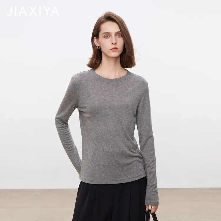 秋季新款INS风蚕丝长袖休闲气质简约纯色圆领直筒型T恤Q25002