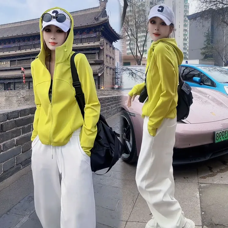 黄绿色休闲套装女2025秋季新款时髦洋气连帽开衫卫衣运动裤两件套