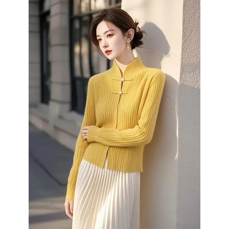 独特超好看设计感新中式国风上衣黄色针织打底衫女秋冬季洋气内搭
