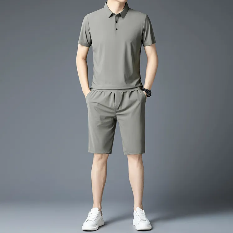 ML男短袖短裤冰感跑步运动服套装夏薄款冰丝翻领t恤男士休闲套装