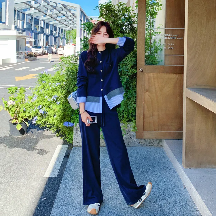 韩系设计感假两件拼接上衣长裤套装2025春秋新款小众ins风两件套