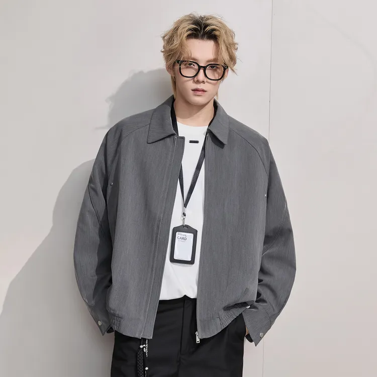 灰色短款通勤行政夹克男痞帅秋季美式潮牌cleanfit翻领情侣外套
