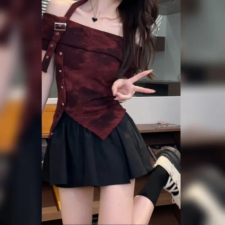 2025新款甜美风扎染一字肩收腰短袖T恤时尚气质修身短款上衣女夏