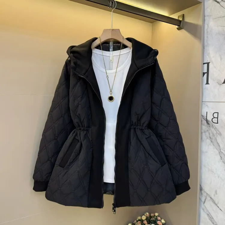 2025冬气质欧货简约菱形格胖m宽松加厚抽绳时尚洋气百搭外套25230