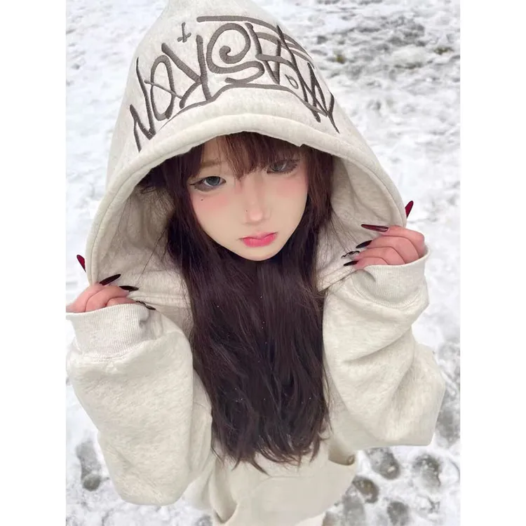 韩系oversize字母刺绣连帽卫衣女秋冬季加绒加厚宽松学生外套上衣