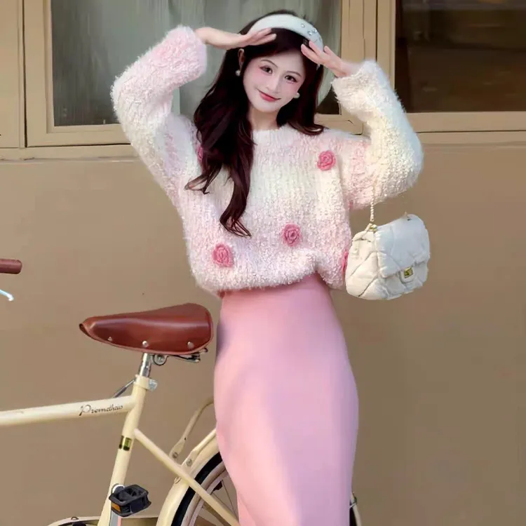 269手工钩花朵渐变色软糯糯毛衣女秋冬宽松慵懒风针织衫