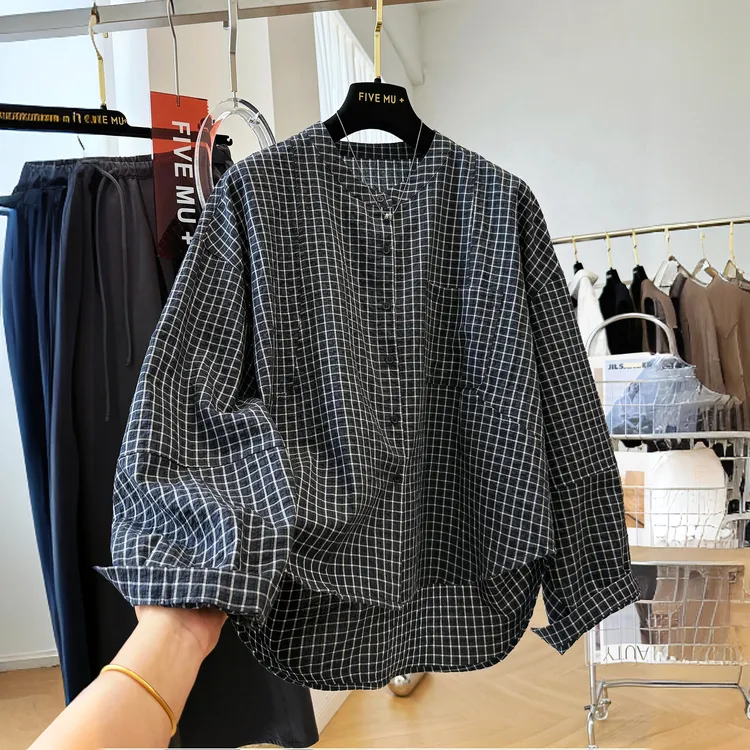 1349韩系超好看复古格子宽松休闲圆领长袖衬衫女早秋季薄款上衣潮