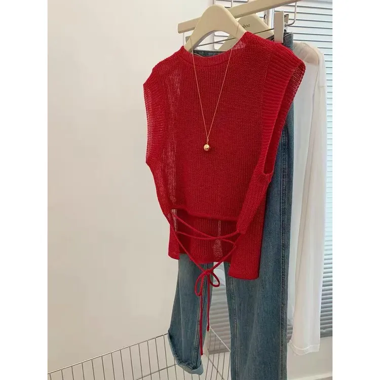 红色针织短袖T恤女短款气质多巴胺上衣夏薄款轻奢高级感新款ins潮