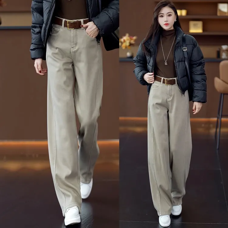 休闲直筒牛仔裤女秋冬2025新款加绒宽松弯刀裤显瘦高腰香蕉阔腿裤