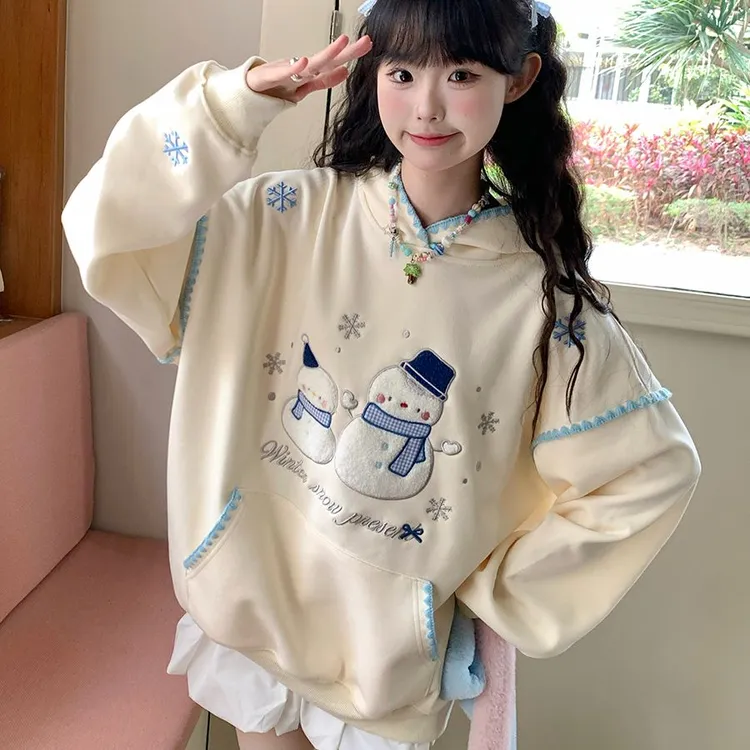 美式复古卡通雪人刺绣连帽卫衣女秋冬季新款小个子宽松外套#WY230
