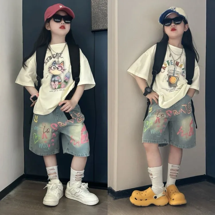 女童夏季休闲套装2025中大童儿童印花洋气短袖薄款牛仔中裤两件套