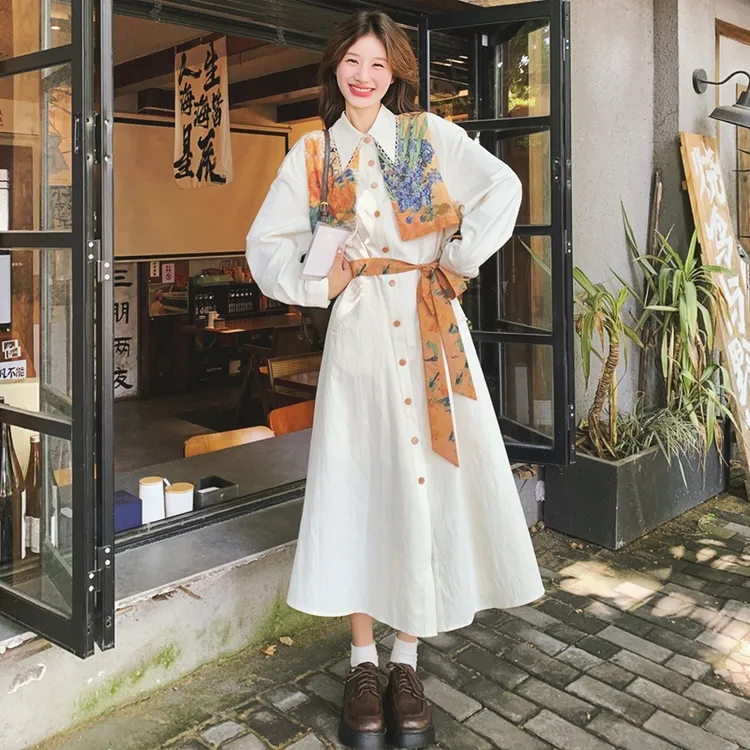 碎花拼接假两件衬衫连衣裙女2025春秋新款精致高级感气质收腰长裙