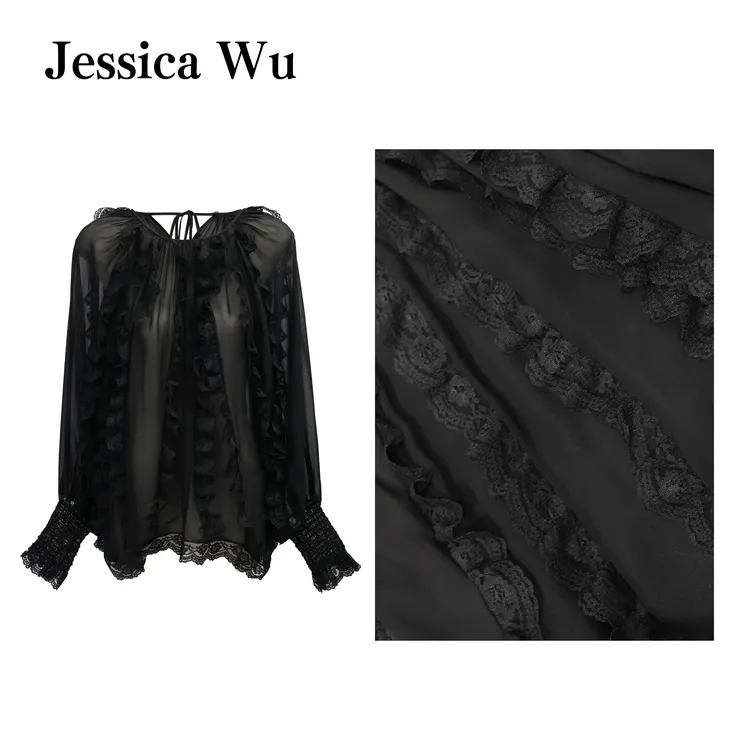 JESSICA WU优雅仙美~es水溶蕾丝花边拼接重磅桑蚕丝宫廷袖上衣