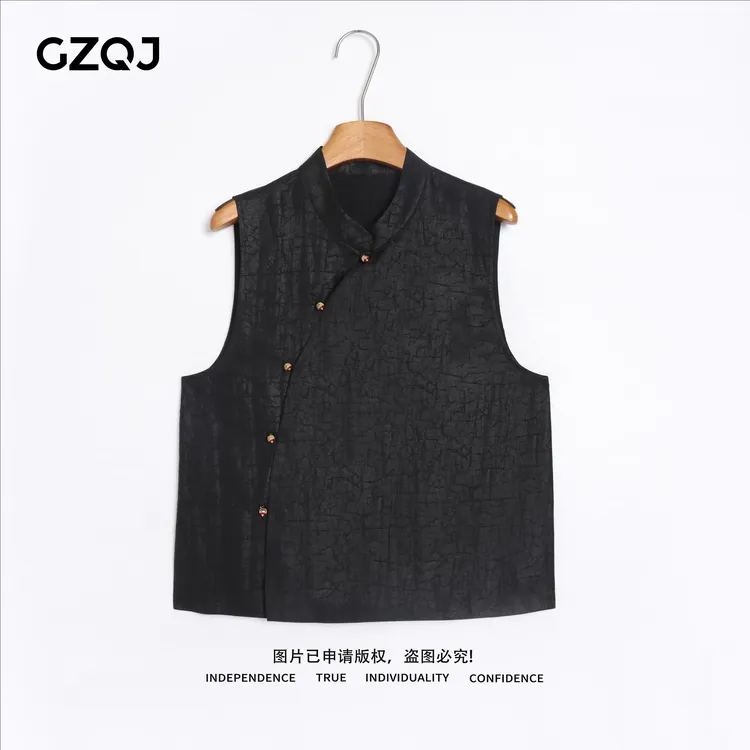 老琴私服【轻风叙】100桑蚕丝欧若风国风龟裂纹立领马夹上衣女49769