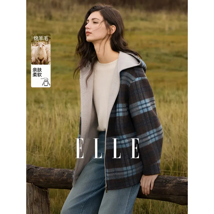 ELLE女装撞色格纹毛呢短外套2025冬新款绵羊毛双面呢大衣EN52098