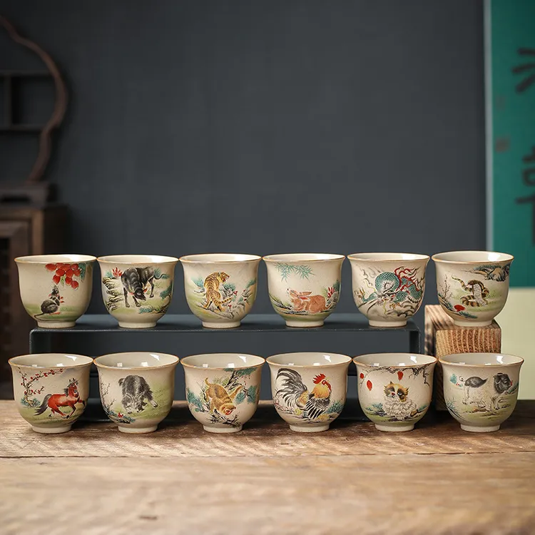 粗陶茶杯十二生肖杯主人杯陶瓷品茗杯茶盏虎杯