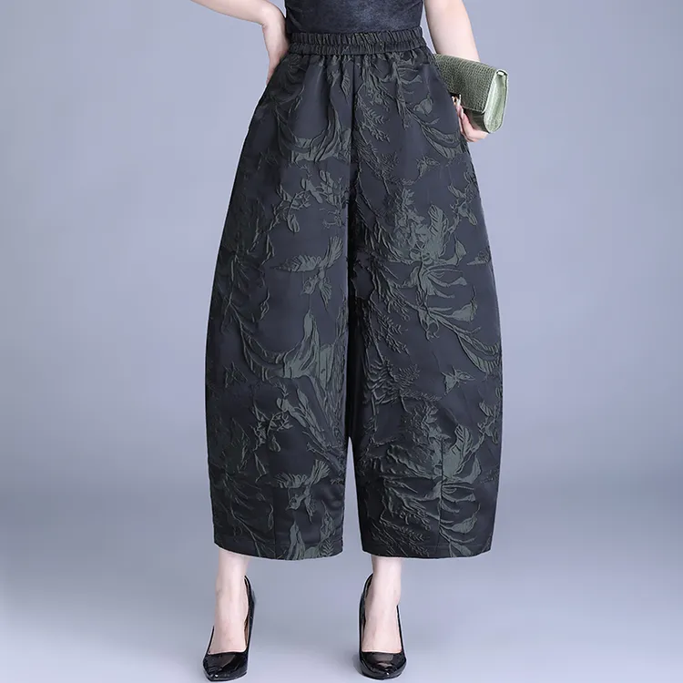 提花高腰女裤2025春夏新款民族风休闲裤薄款浮雕大码阔腿裤无弹力