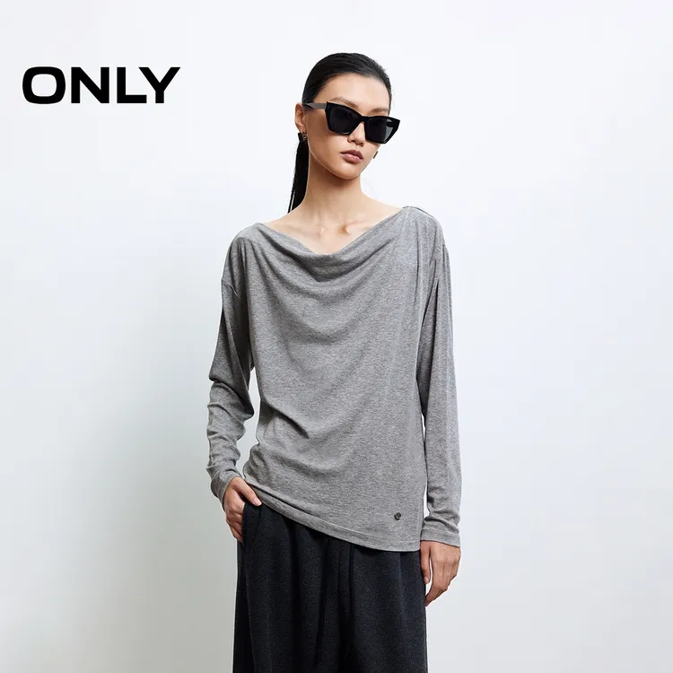 ONLY2025秋季新款优雅松弛一字船领宽松落肩长袖T恤女|125302019