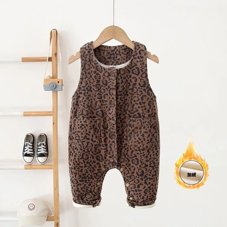 宝宝秋冬灯芯绒加绒豹纹背带裤洋气暗扣开裆设计