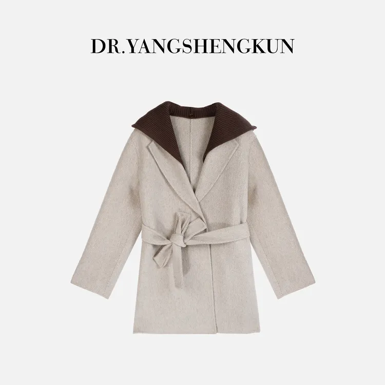 杨圣坤2025冬季新品100%绵羊毛撞色双面呢连帽大衣外套EY25102904