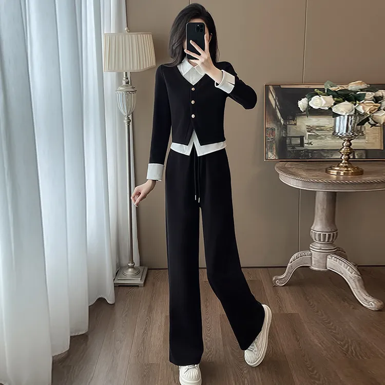 高含棉韩系休闲运动套装女2025年秋季新款假两件上衣阔腿裤两件套