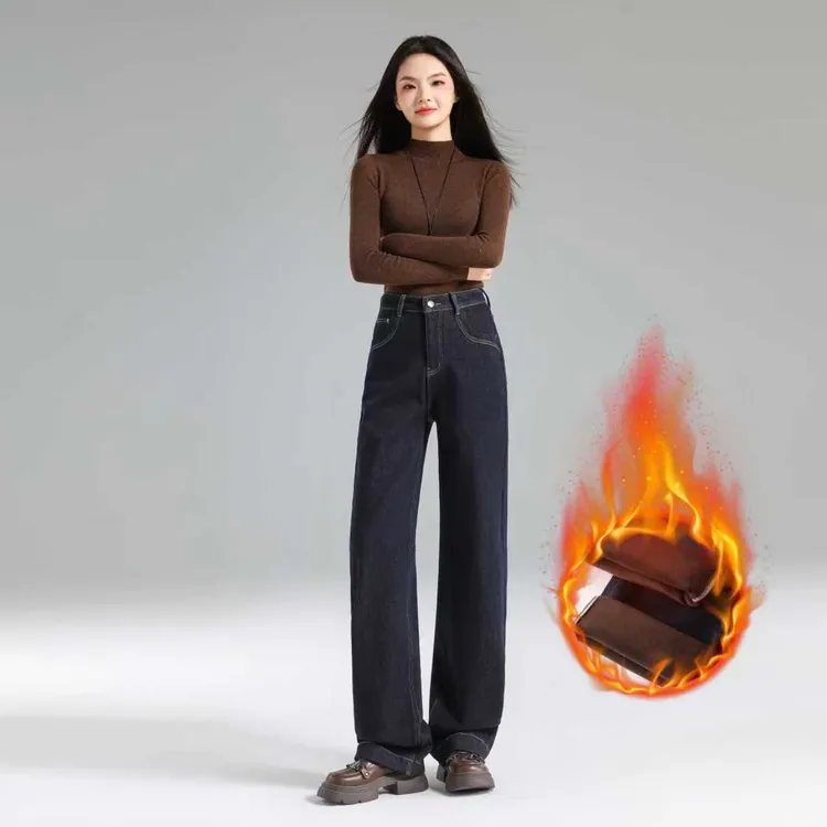 加绒加厚窄版直筒牛仔裤女高个子大码宽松显瘦弹力保暖加长裤子