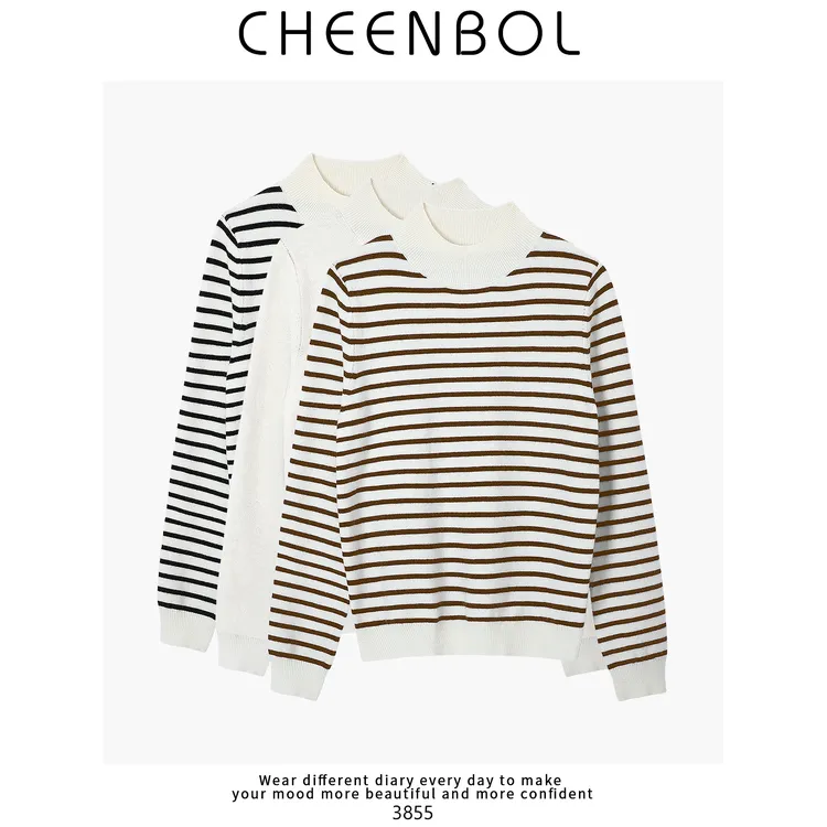3855秋冬中领羊毛针织新款女纯色t恤条纹休闲百搭时髦打底针织衫