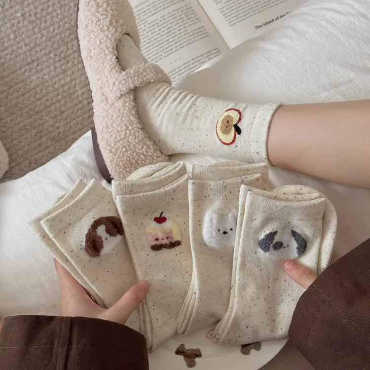 秋季植绒中筒透气吸汗夏季中筒袜卡通动漫冬季学院风可爱小狗动物