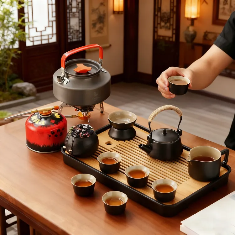 露营围炉煮茶黑陶便携式旅行茶具陶瓷套装卡式炉烧水壶一整套野外