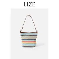 LIZE「彩虹海岸」高定拉菲草配头层牛皮.斜挎手提编织包ZED0061
