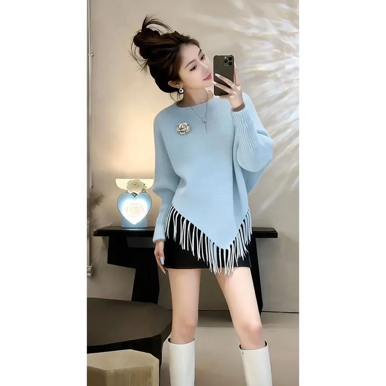 财阀千金女装流苏拼接蓝色斗篷毛衣冬季款时尚显瘦长袖针织衫上衣