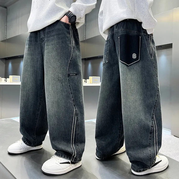 男童春秋款牛仔裤2025秋季新款中大童男孩外穿痞帅阔腿潮流牛仔裤