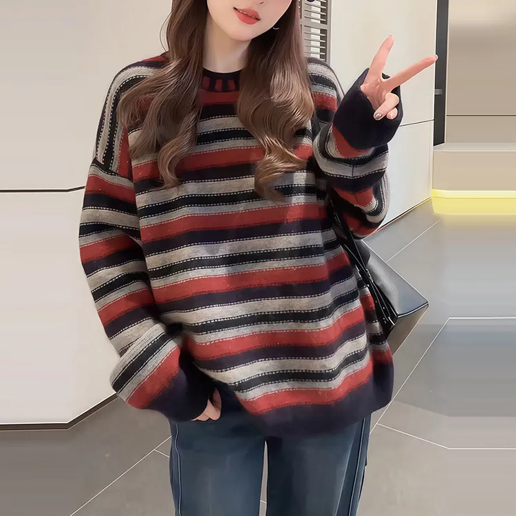 复古慵懒风撞色条纹软糯圆领毛衣女秋冬新款韩版宽松减龄针织上衣