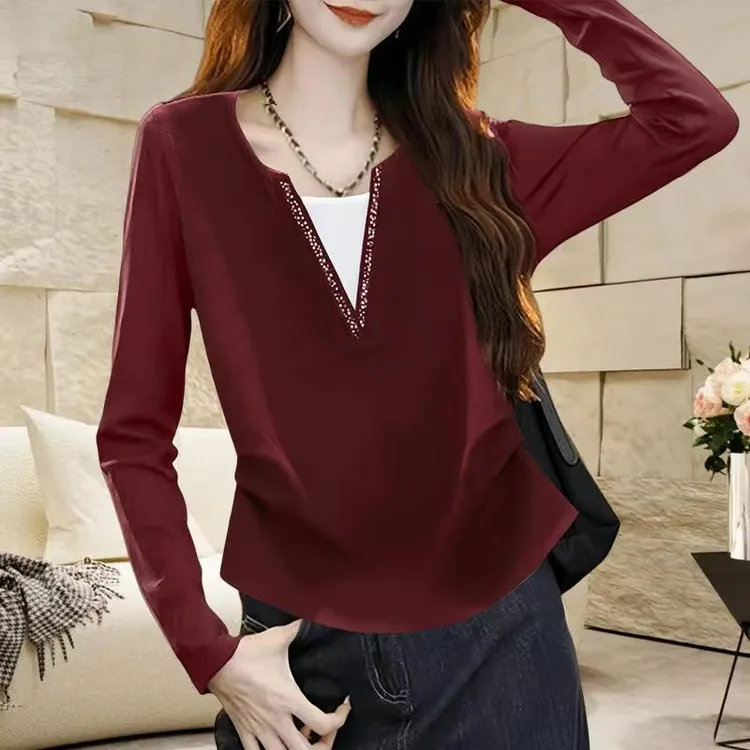 酷飒风高级感纯欲慵懒风女装钉珠假两件秋冬修身长袖打底衫t恤女