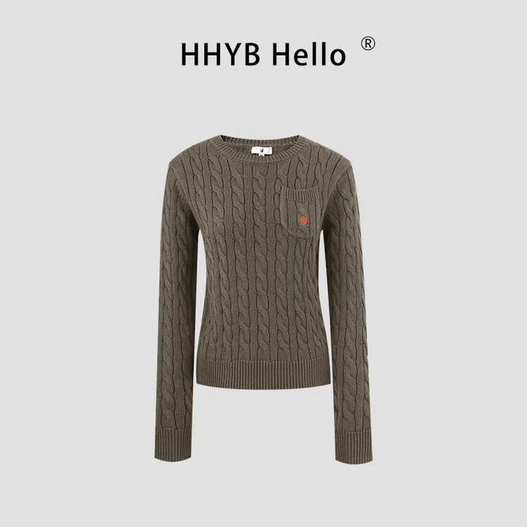 HHYB Hello圆领修身显瘦针织衫女2025秋冬新款长袖毛衣上衣HM1458