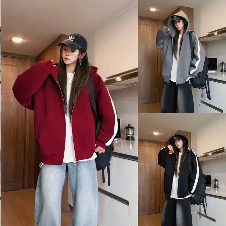 QIUYIDAODI秋季美式连帽卫衣男款休闲撞色拼接运动开衫高级感外套