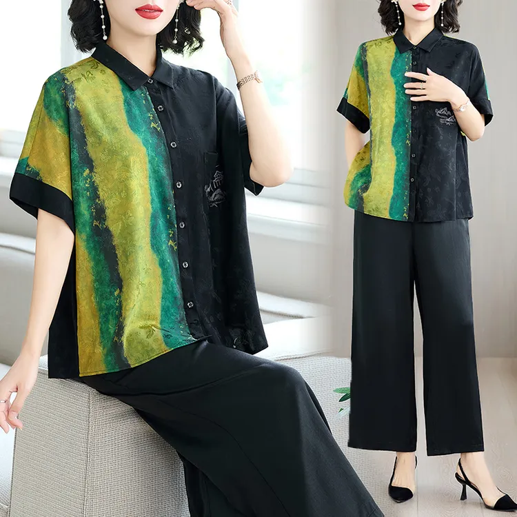夏季新款刺绣提花衬衫女翻领短袖宽松大码印花仿真丝阔腿裤套装