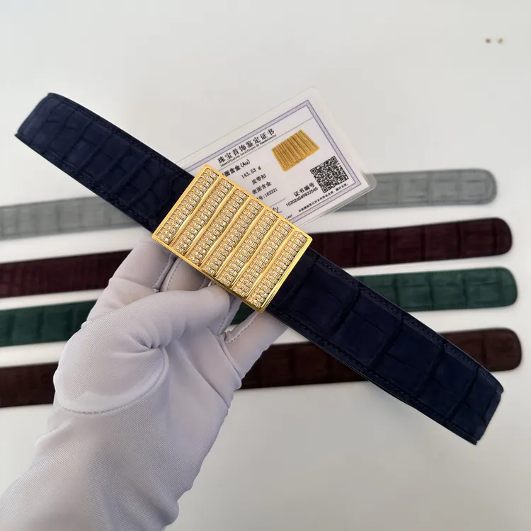 史蒂芬皮带24k包金算盘鳄鱼皮真皮打孔鳄鱼皮腰带男士3.8宽平滑
