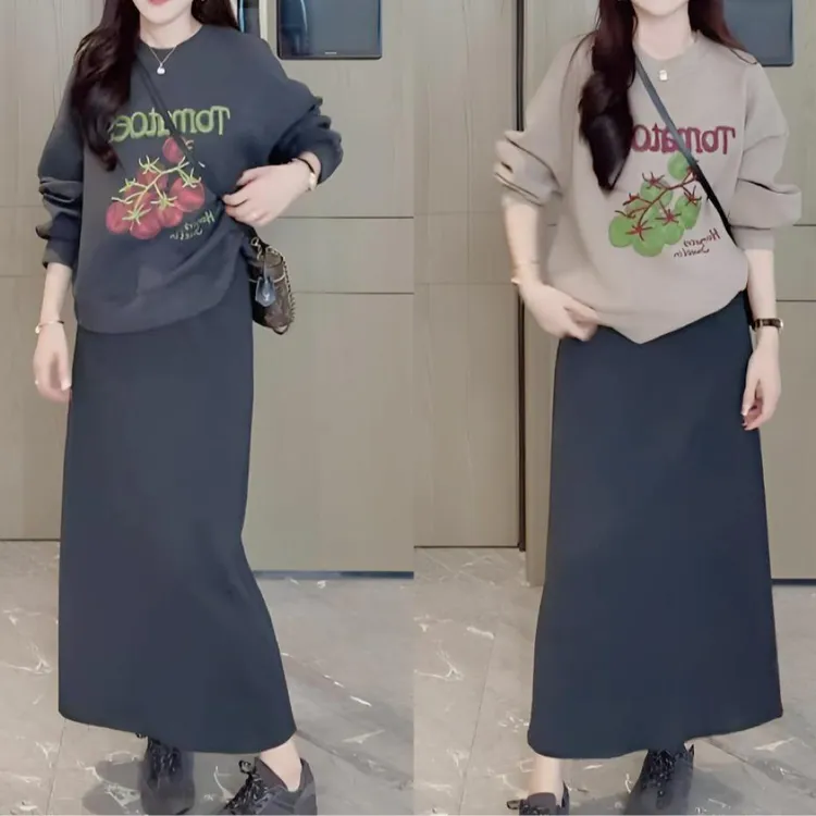 2025秋季新款时尚百搭小番茄印花套头卫衣高腰后开叉半身裙两件套