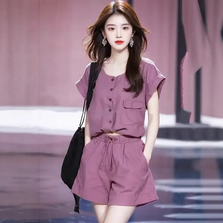 韩剧女主穿搭小香风职业紫色衬衫短裤两件套装女夏休闲气质小个子